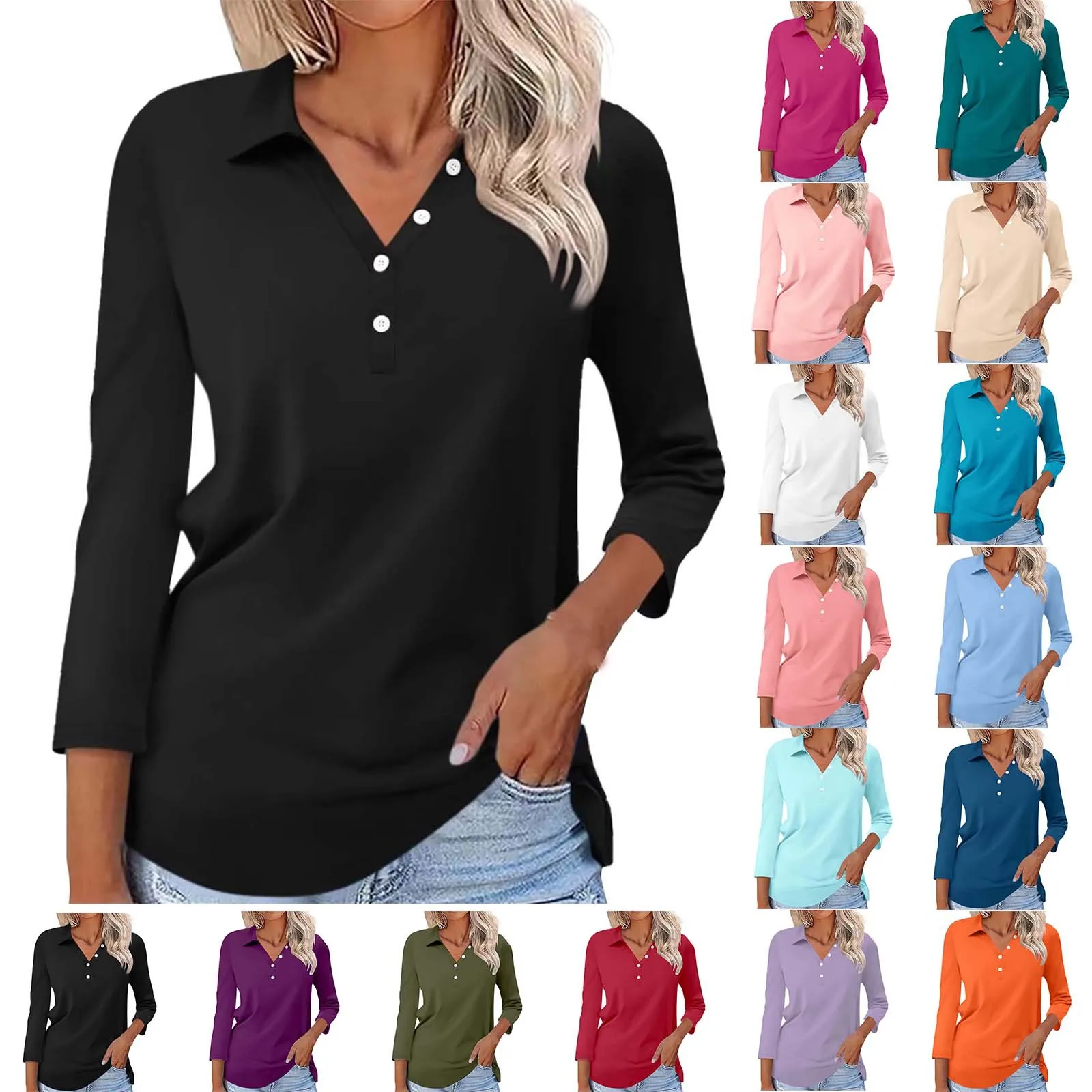 Women's Shirt Solid Color Top Lapel Button Decorated Seven-quarter Sleeve Blouses 2024 Autumn Fashion Shirts For Women Blouse