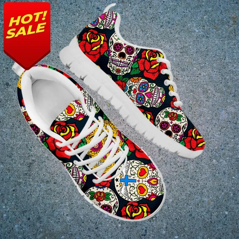 Red Rose Donna Sneakers Stringate Sugar Skull Stampa Floreale Scarpe In Mesh Light Casual Nero Walking Calzature Dr - view 4
