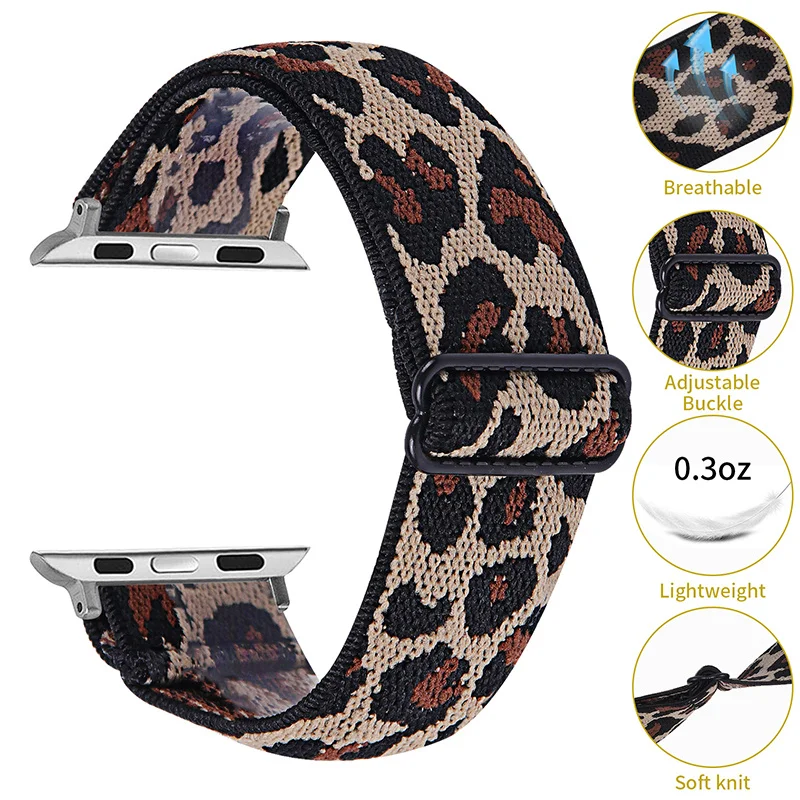 Soft Nylon Loop Elastic Buckle Strap For Apple Watch SE Band 45 41 38 42mm Series 7 8 6 5 4 For iWatch Leopard Bracelet 40 44mm