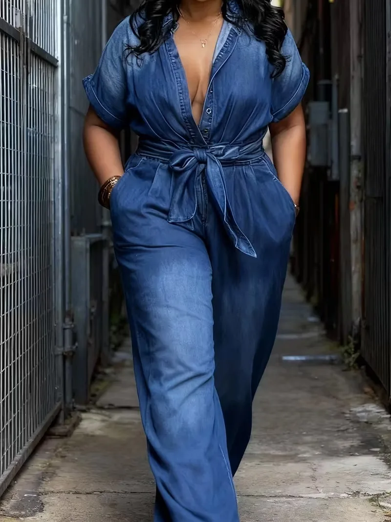 

Новый модный свободный комбинезон с короткими рукавами и пуговицами с лацканами, женский комбинезон