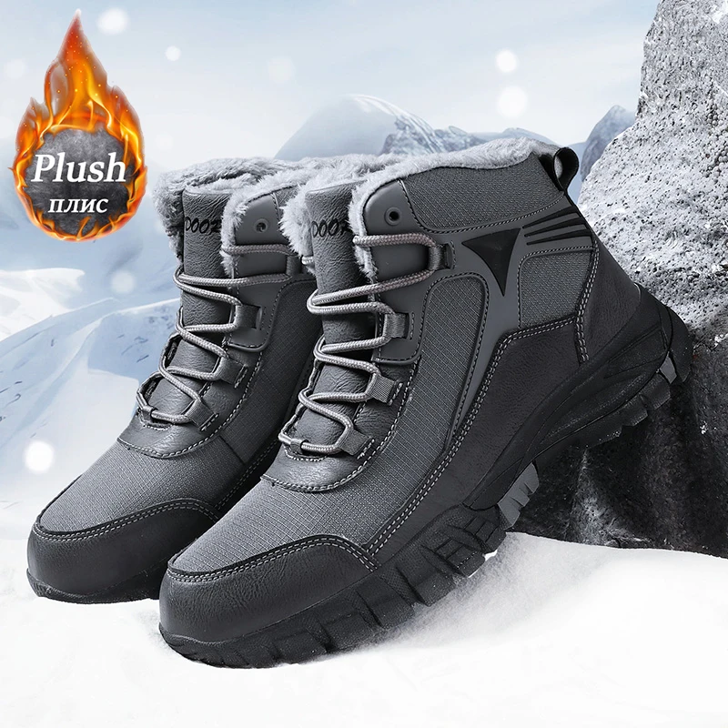 Mens Climbing Boots Upper Waterproof Leather Shoes Man Trekking Warm Snow Boot Winter Plush High Quality Non-Slip Sneakers 39-47