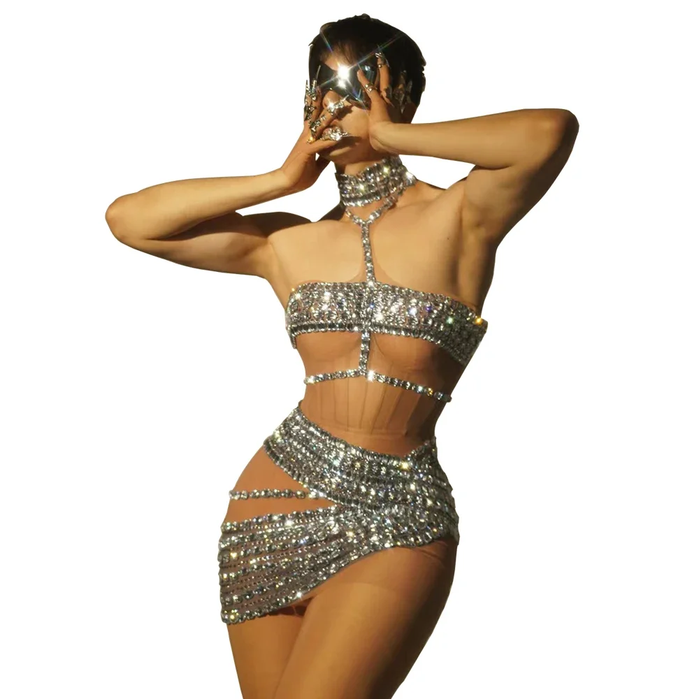 

sparkle rhinestones dress women See through sexy mesh party nightclub birthday wedding pole dance stage drag queen costume