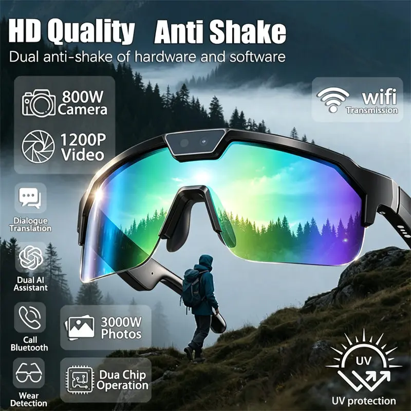 2026 New 800W Pixel Outdoor Camera Glasses 1200P Video Dual Anti-Shake Wifi Transmission Dual-Chip Performance Bluetooth Call