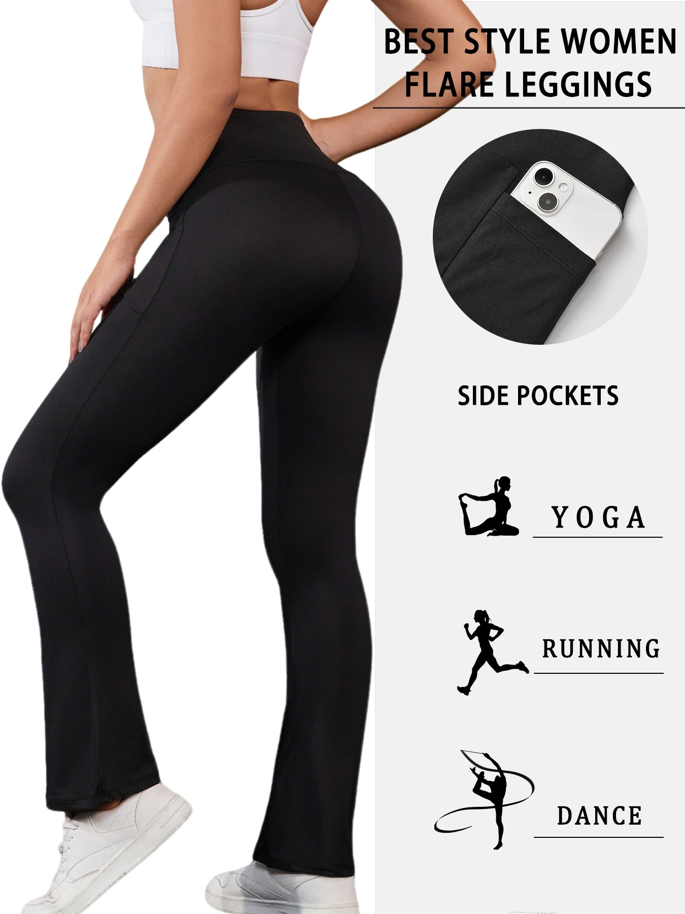 여성용 슈퍼 소프트 플레어 팬츠, 포켓 포함, 하이웨이스트 뱃살 보정 운동 요가 푸쉬업 짐 피트니스 레깅스 벨바텀