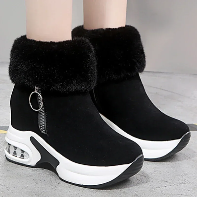 Women's Shoes 2023 High Quality Zipper Women's Boots Winter Round Toe Solid Flock Plush Warm High Heels Water Proof Shoes Women