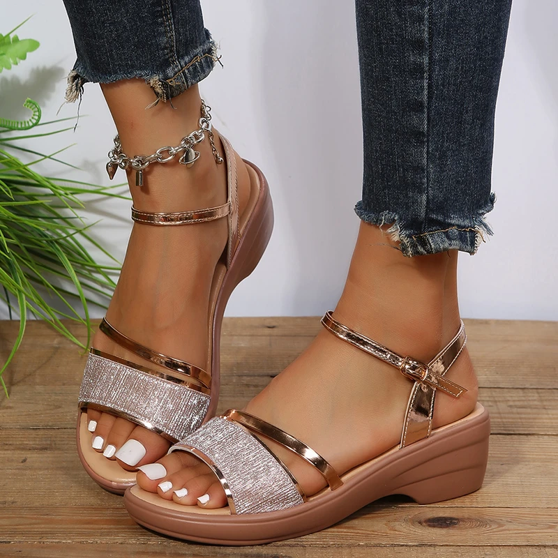 2024 Wedges Sandals For Women Sandals 4.5cm Heels golden Platform Women\'s Sandals Summer Shoes Chaussures Femme