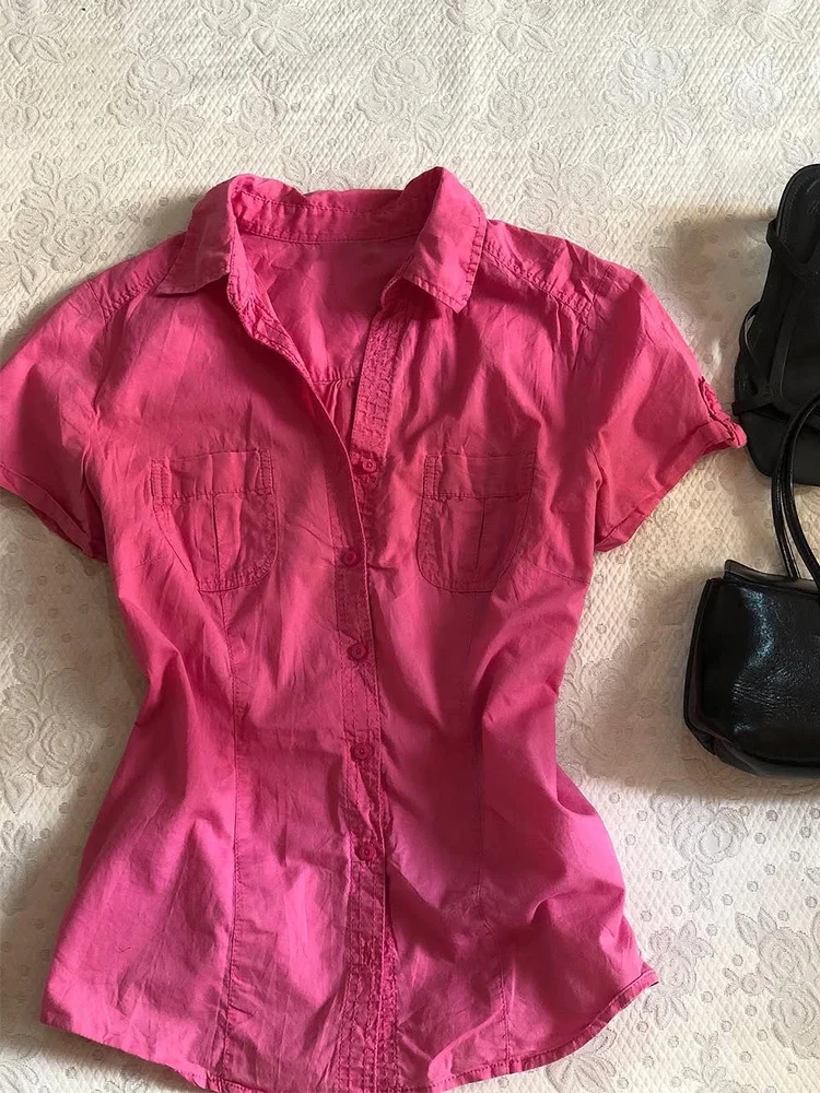 

Original Retro Pink irt Slimming Beautiful Waist Cinched f Sp Girl New 2025 Korean Sle Cotton Blend Ne
