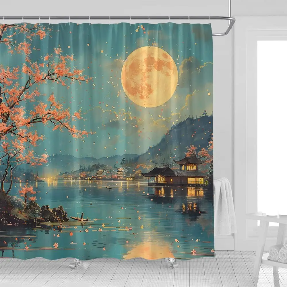 

Japanese Cherry Blossom Shower Curtain Full Moon Floral Lake Mountain Wonderland Starry Sky Rustic Asian Anime Watercolor