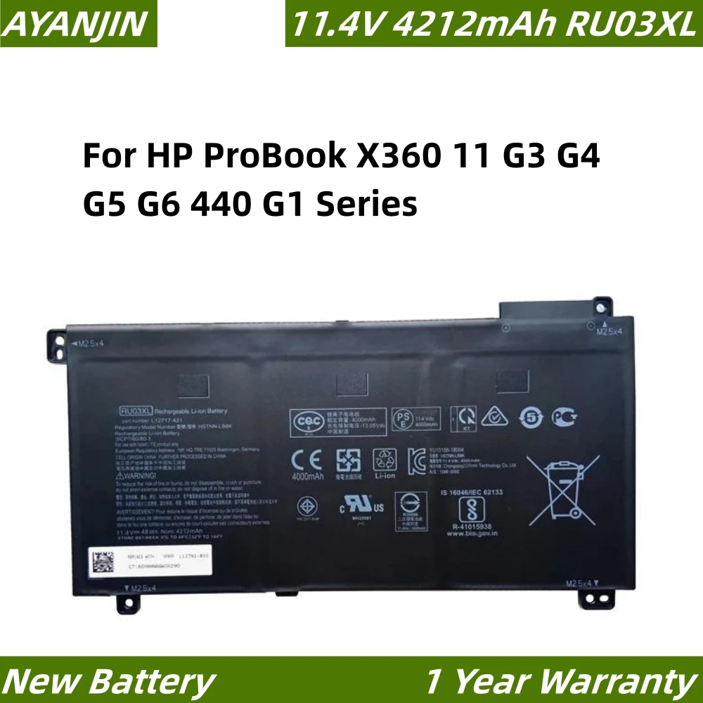 

RU03XL 11.4V 4212mAh Laptop Battery For HP ProBook X360 11 G3 G4 G5 G6 440 G1 Series HSTNN-LB8K HSTNN-UB7P HSTNN-IB8P L12791-855