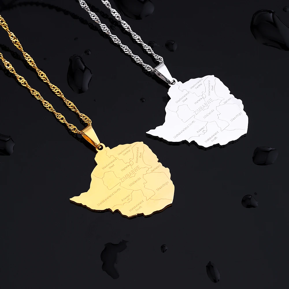 

Fashion Zimbabwe Map City Pendant Necklace Stainless Steel Gold Silver Color Men Women Africa Map Jewelry Gift