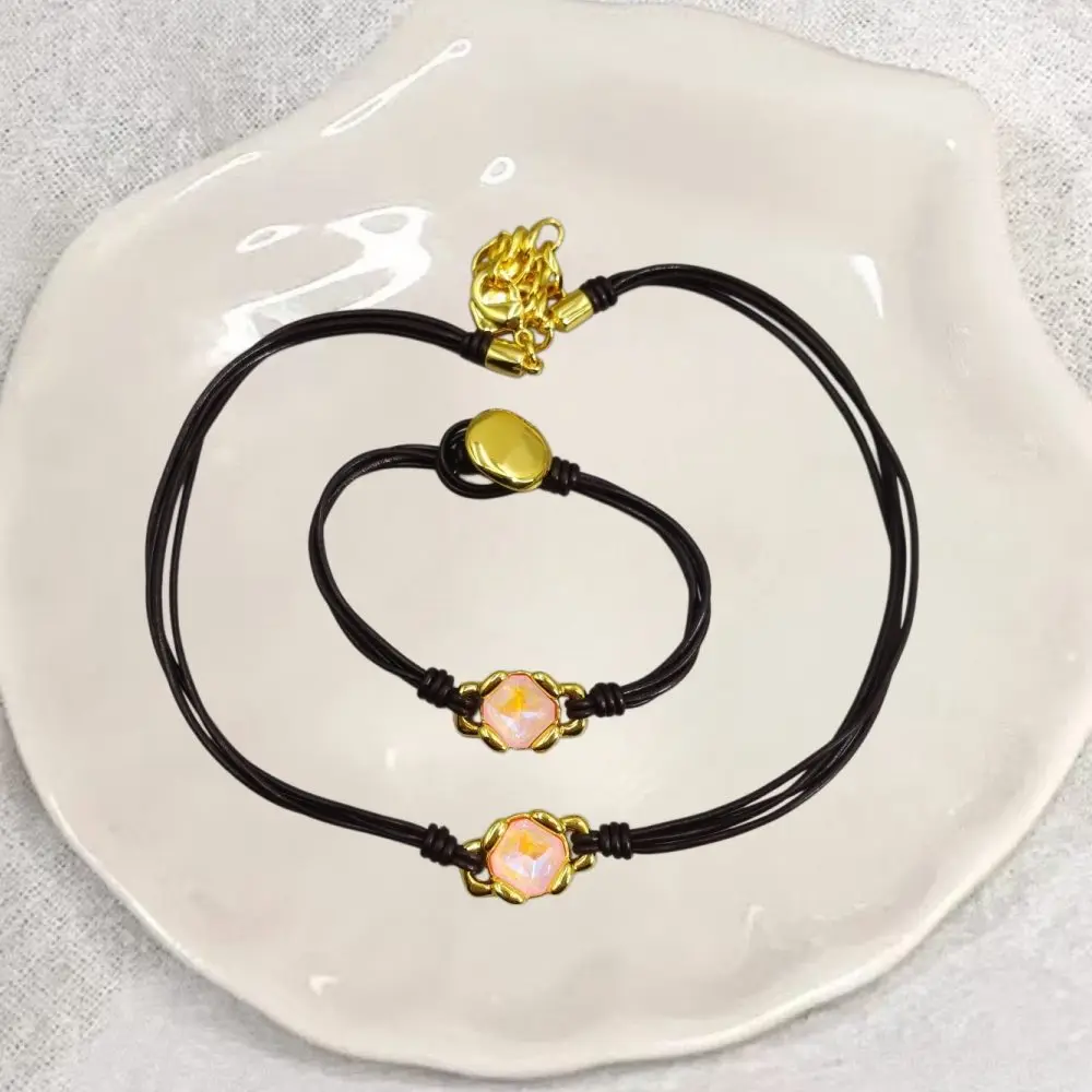 2026 Spain Versatile Vacation Style Colorful Crystal Leather Rope Bracelet Necklace Two Piece Set Jewelry Surprise Gift
