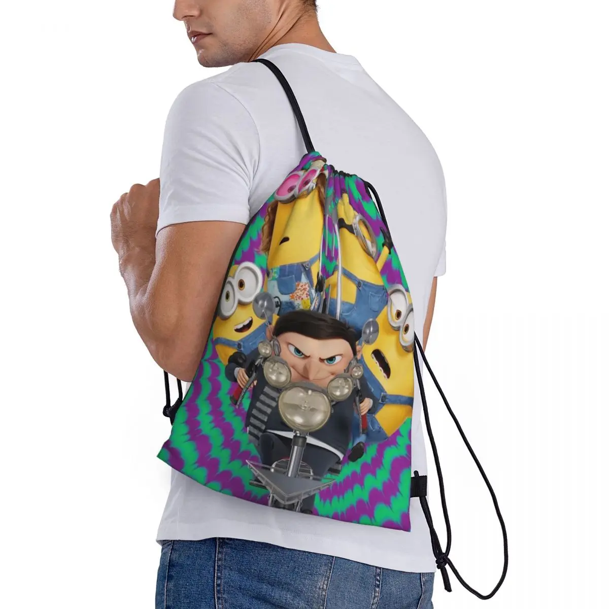 Minions-bolsa de viaje con cordón para adolescentes, paquete de almacenamiento, bolsa de mano para playa, bolsa de zapatos deportivos para la escuela, portátil