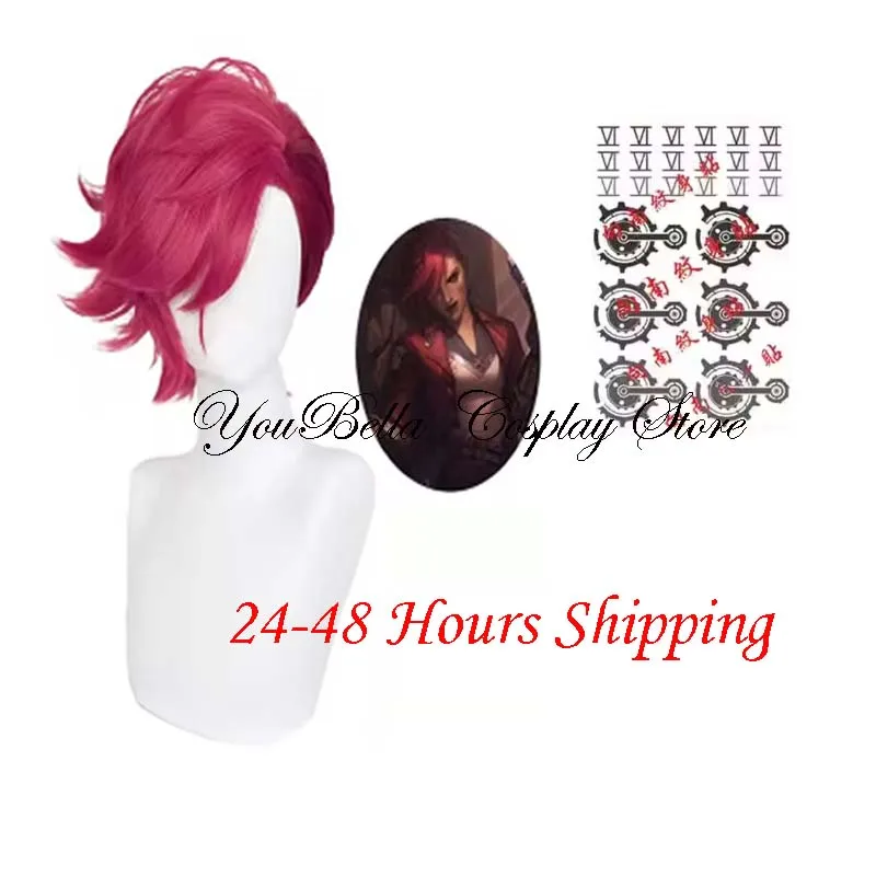 Game LoL Arcane VI Cosplay Wig Rose Red Heat Resistant Short Hair Wigs Synthetic Hair Ear Clip Tattoo Role Play Party Prop