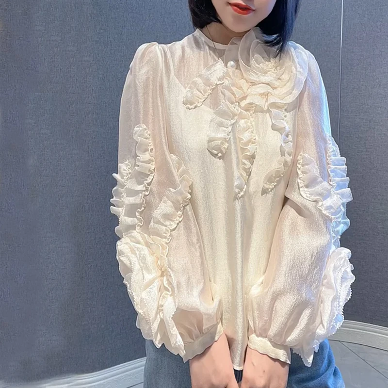 OCEANLOVE Chiffon Shirts&blouses Women Tops 3D Flowers Spring Summer Transparent Blusas Feminina Korean Fashion Retro Camisas