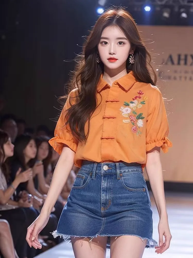 

New Chinese Style Shirt Orange National Button-Up Top with Ruffles for Spring Women