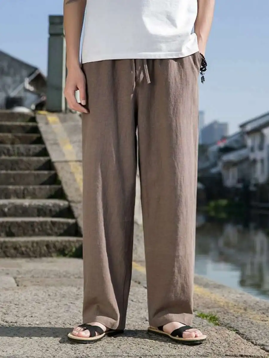 กางเกงขายาวลำลองผ้าฝ้ายลินินทรงตรงสำหรับผู้ชายฤดูใบไม้ผลิและฤดูร้อน สไตล์ลำลองแบบดั้งเดิมสำหรับวัยกลางคนและผู้สูงอายุ