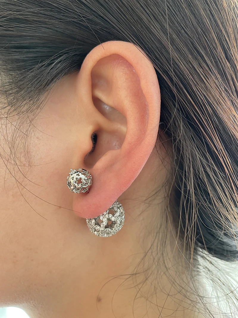 Luxury 16mm Hollow Ball Earrings High Quality Paved Cubic Zirconia Reversible Double Ball Stud Earrings Women Fashion Jewelry