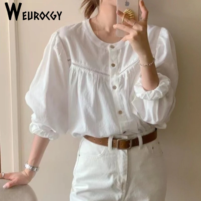 2024 Spring Autumn Vintage Chic Blouse Women O-neck Puff Sleeve Loose Shirts Temperament Hollow Out Top Korean Edition Pleated