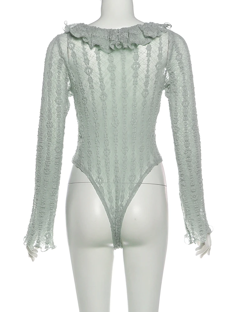 Weird Puss Rüschenrand-Patchwork-Bodysuits für Damen, modisch, schlicht, durchsichtig, geraffter V-Ausschnitt, lange Ärmel, Hottie-Party-Clubwear – Detail 5