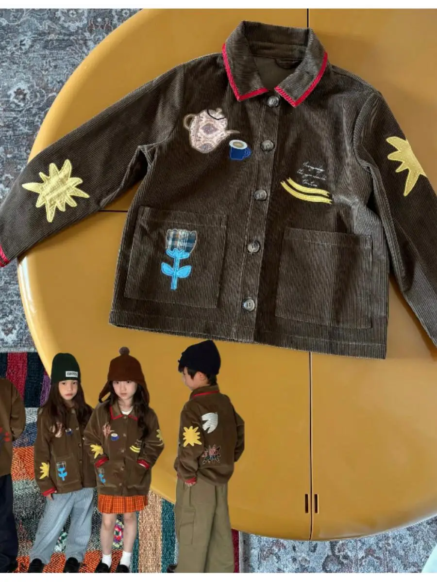 

Весенне-осеннее вельветовое пальто с вышивкой для девочек, воротник-стойка, корейский модный топ для маленьких девочек, модная верхняя одежда