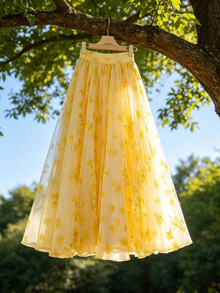 High Waist A-Line Midi Skirt Floral Print Patchwork Women's Summer Design Sensation Yellow Floral Long Skirt Vacay Style