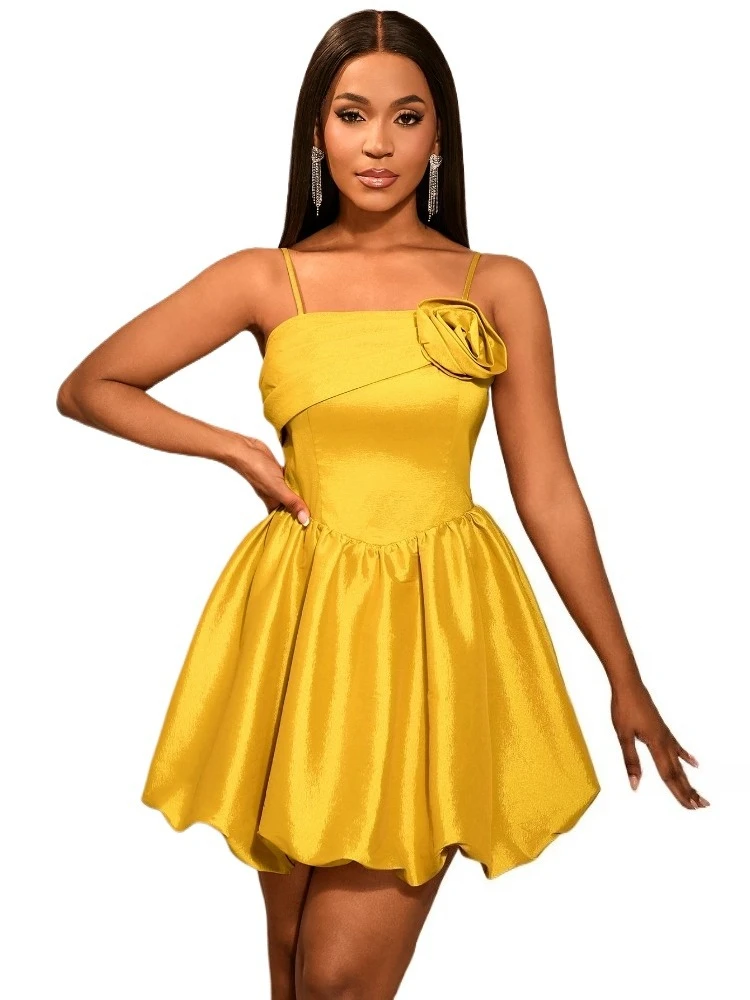 2025 Elegant Women Mini Dress with Spaghetti Straps 3D Flower Detail Flared Skirt A Line Off Shoulder Perfect for Party Wedding
