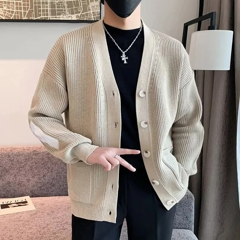 2025 Autumn Winter New Men Khaki V Neck Cardigan Sweater Coat Loose Casual Long Sleeve Versatile Top