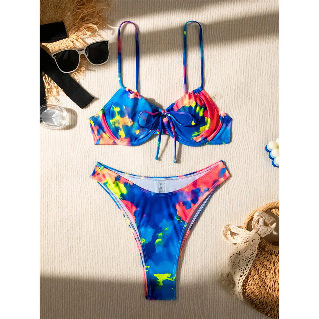 Bunter, bedruckter, mit Bügel verstärkter brasilianischer Bikini, Damen-Badeanzug, zweiteiliges Bikini-Set, Badebekleidung, Badeanzug, Schwimmkleidung V5340 – Detail 12