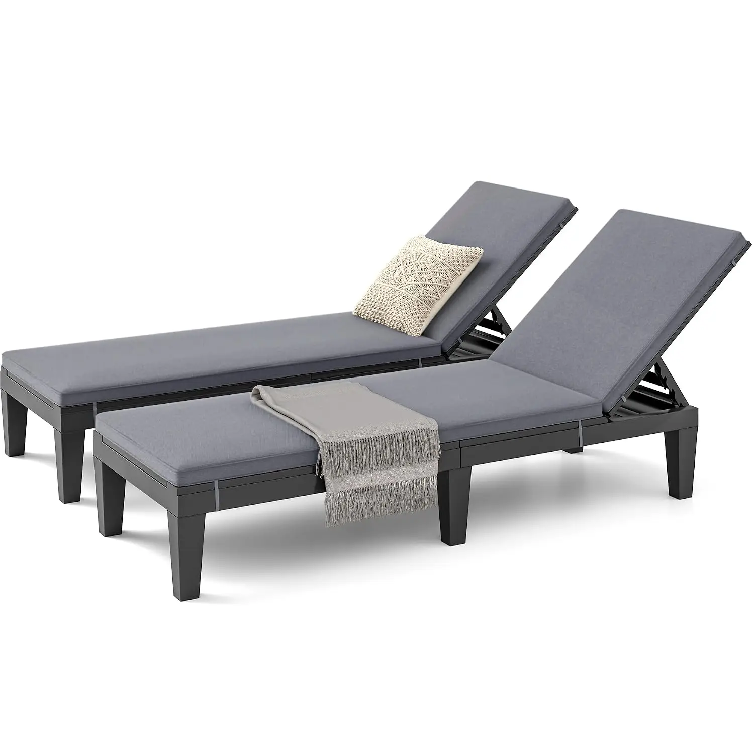 Outdoor Chaise Lounge Set of 2 w/ Cushion Patio Pool Garden 5-Level Backrest Lightweight Easy Assembly Black, Customized