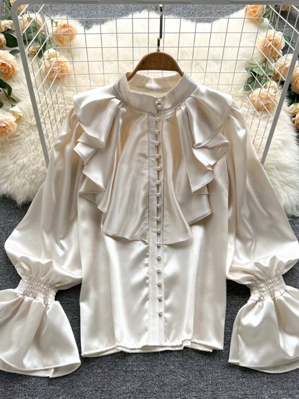 

Ele Sweetened Lantern Sve irt Women's Design Unique Flounce Stand Collar Single Button Korean Sle Commute Wind