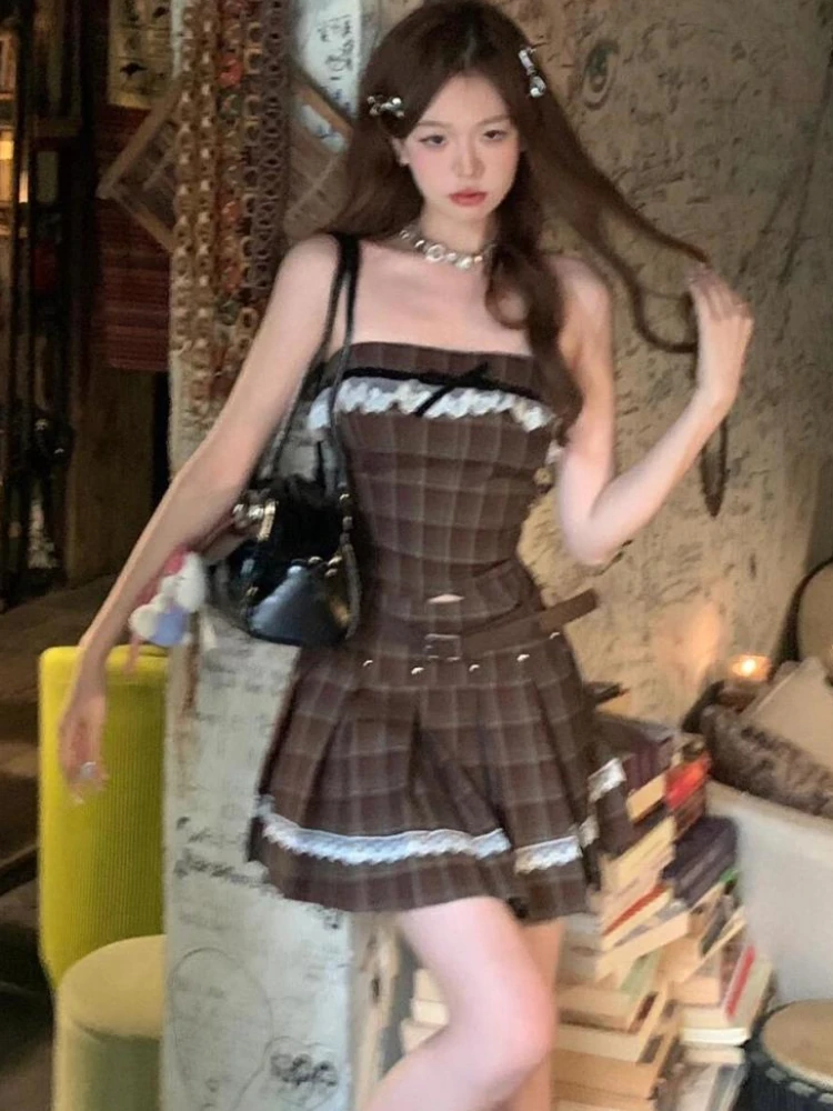 2024 Summer Elegant Plaid 2 Piece Skirt Set Women Casual Y2k Sleeveless Tops + Slim Mini Skirts 2000s Vintage Korea Fashion Suit