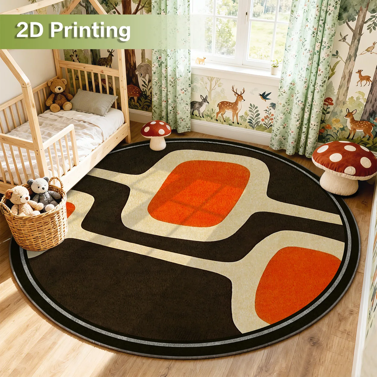 2d Printed Black Orange Brown Abstract Tree Branch Round Area Rug Non Slip Floor Mat For Modern Artistic Home Decor Gift