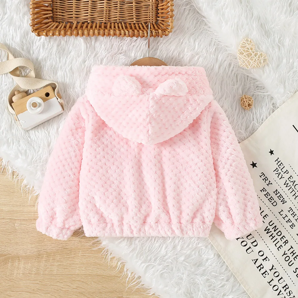 Casual Fur Girls\' Coat Autumn And Winter Girls\' Diamond Grid Fur Solid Color Cute Ear Hooded Zipper Jacket