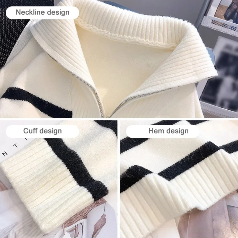 Women\'s Sweater Autumn Winter thickened Contrasting Striped Knitted Pullover High Necked inner zipper Sweater Outerwear