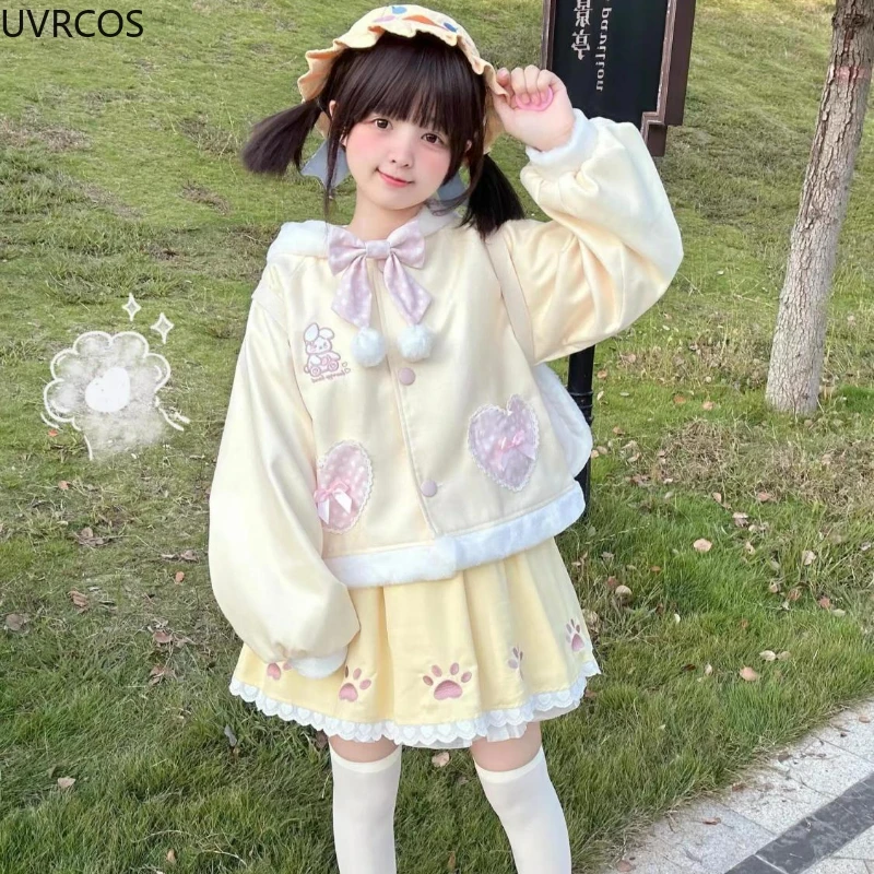 Autumn Winter Kawaii Lolita Style Sweet 2 Piece Set Woman Cute Bunny Ear Hooded Woolen Coat Y2k Mini Skirts Korean Fashion Suit