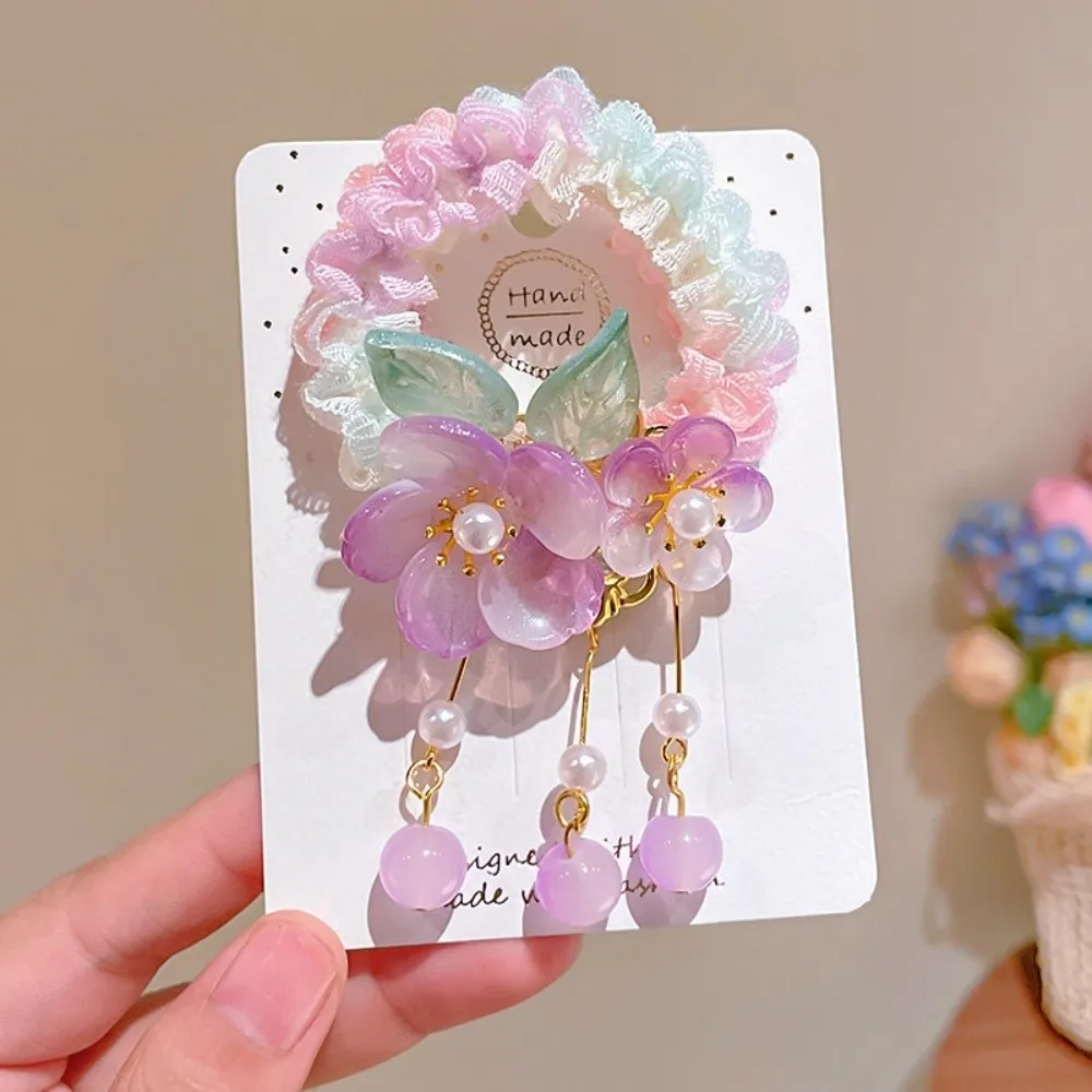 New Chinese Style Flower Hair Tie Bead Pendent Elastic Princess Hair Ring Butterfly Pink Hair Band Headwear