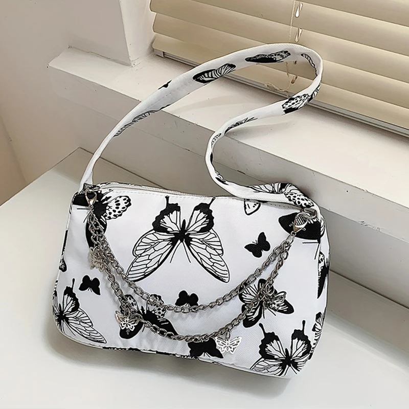 

Модная сумка через плечо на молнии, мини-модная сумка с узором бабочки, сумка подмышки, маленькая стильная сумка с декором на цепочке