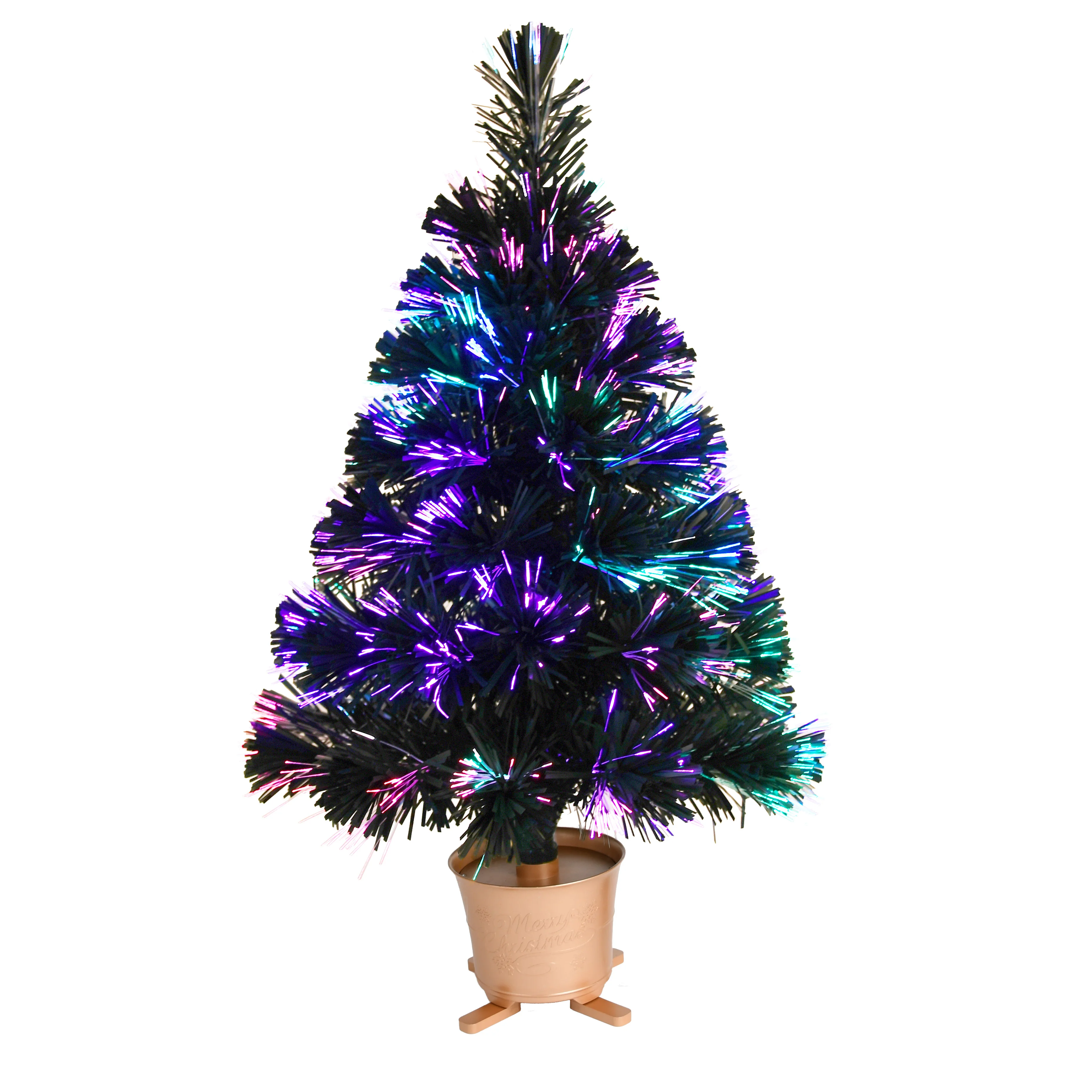 

24 Green Pre-lit Mini Fiber Optic Tabletop Artificial Christmas Tree with LED lights gold base Xmas Table top tree