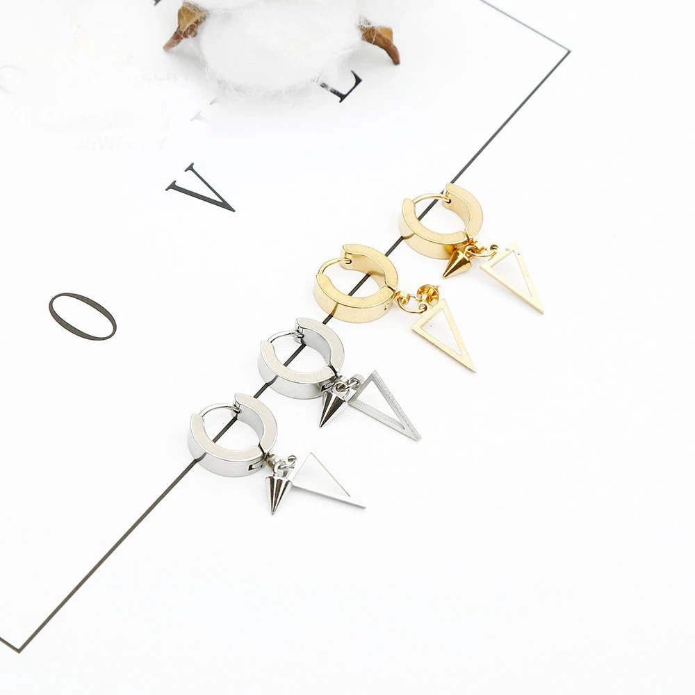 1 Pair Unisex Punk Drop Earrings For Women Men Jewelry Accessories Stainless Steel Geometric Triangle Spike Cone Earring Gift