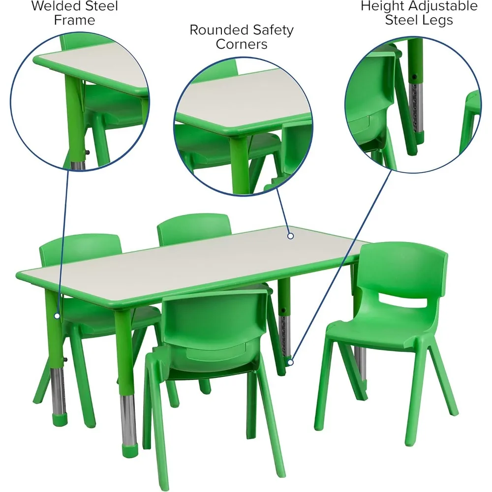 Ensemble de table d'activité verte pour enfants, table de classe pour enfants, coins de divulgation de sécurité, dessus lisse épais, 23.625 po x 47.25 po, 220 lb, 4 chaises