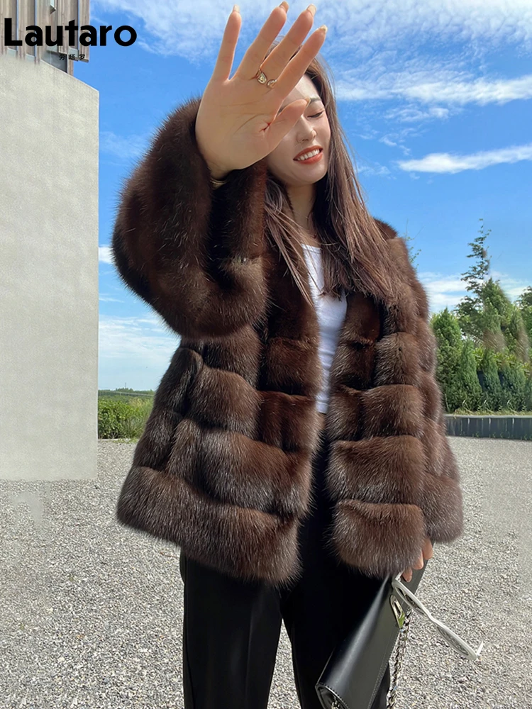 Lautaro Autumn Winter Elegant Luxury Chic Thick Warm Striped Hairy Faux Sable Fur Coat Women V Neck High Quality Fluffy Jacket