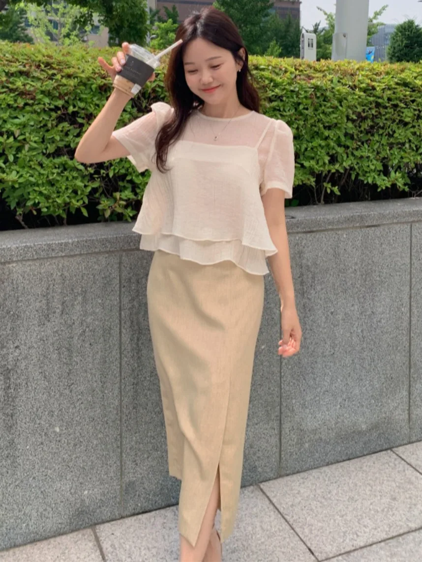 Soft Wind Chiffon Top Damen rund Ne Bubble Sve Texture Sensation Sommer Zweiteiliges Set Pendeln Sle ort Sve Inne...