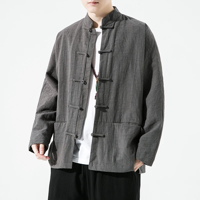 

Spring Autumn Men's Embroidered Tang Suit Jaet Casual Chinese Sle Zen Zhongan Coat Buddhist Layman's Hanfu Outerwear