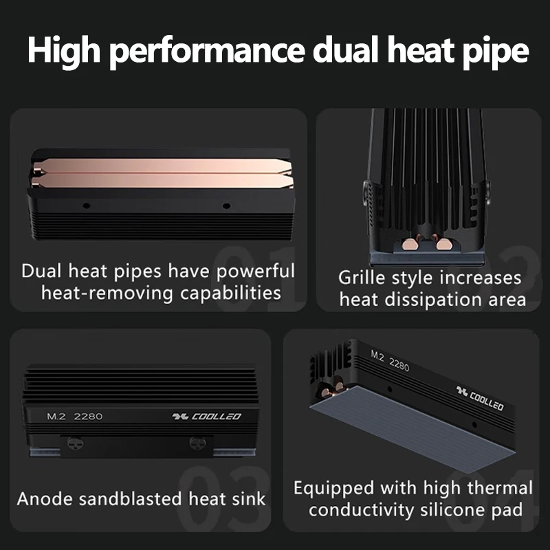 COOLLEO CL-SSD V3 M.2 2280 SSD Heat Sink with 14.8W/MK Thermal Pad 2 Heat Pipes Solid State Drive Radiator