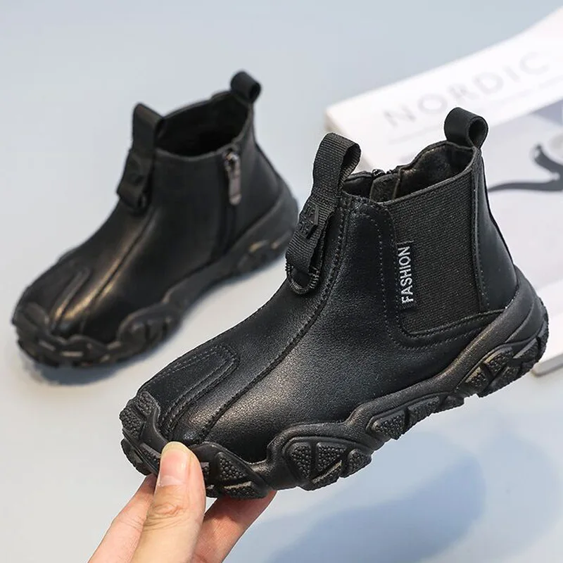 Kids Leather Boots High Quality Plus Cotton Warm Winter Snow Boot Black Non-slip Soft Sole Boy Shoes Zipper Children Ankle Boots