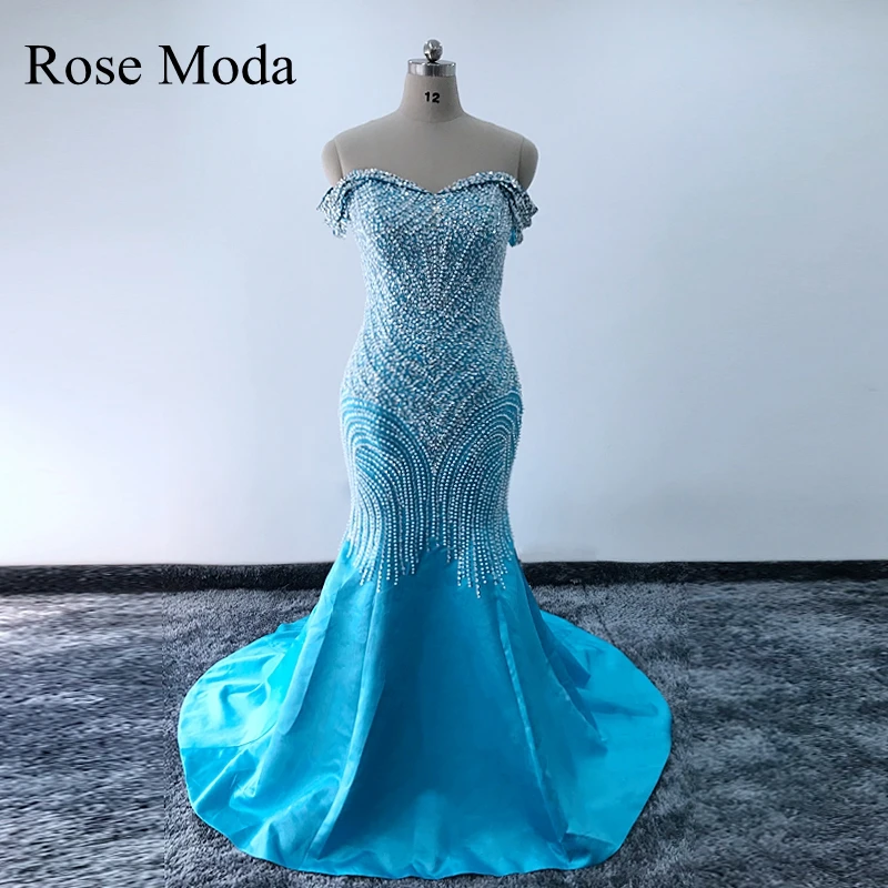 

Rose Moda Luxury Fully Beaded Off Shoulder Crystal Blue Mermaid Wedding Dress Illusion Back Real Photos Custom Make