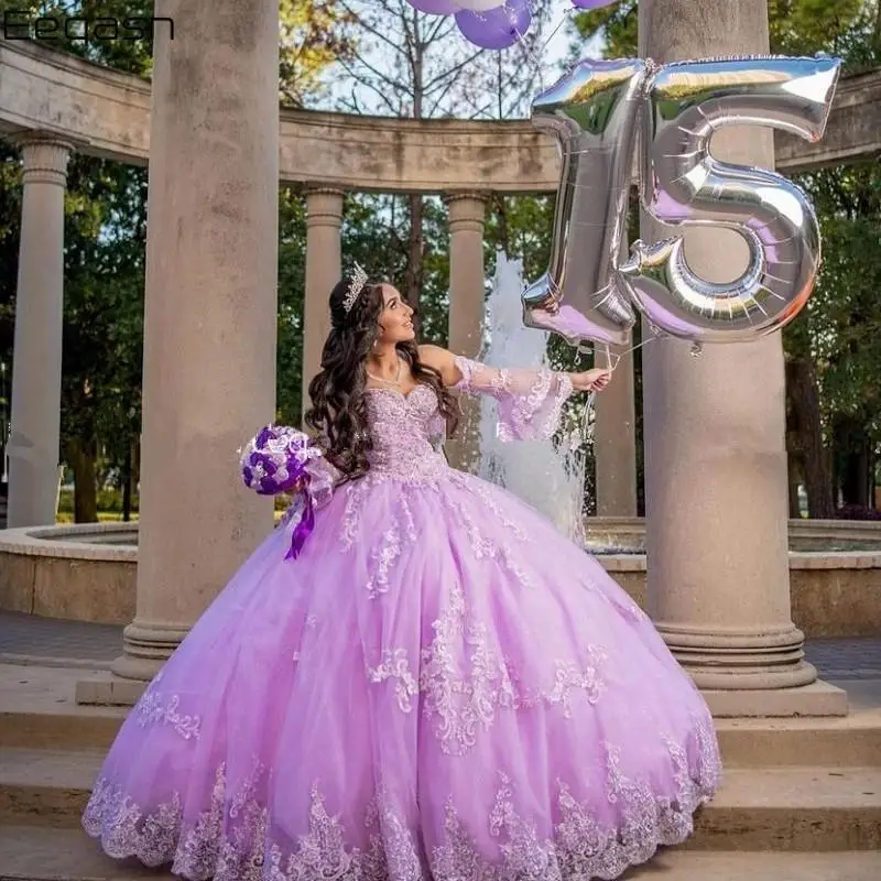 فساتين الأميرة ليلك Quinceanera الشاعر بأكمام طويلة قبالة الكتف ثوب حفلة حلو 16 فستان Vestidos De 15 Aos مزين بالدانتيل