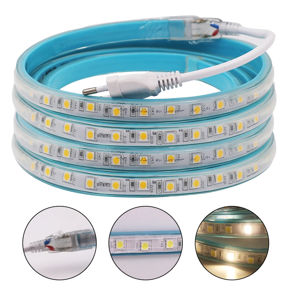 

AC220V LED Strip Light SMD5050 60Leds/m Flexible LED Tape Waterproof Horse Race LED Stripe Ribbon with EU Plug