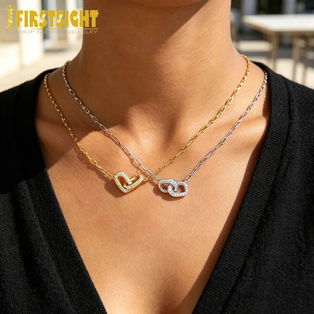 New Micro Pave Round Cubic Zirconia Double Oval Circle Pndant Necklace Bling CZ Open Link Chain Jewelry For Women
