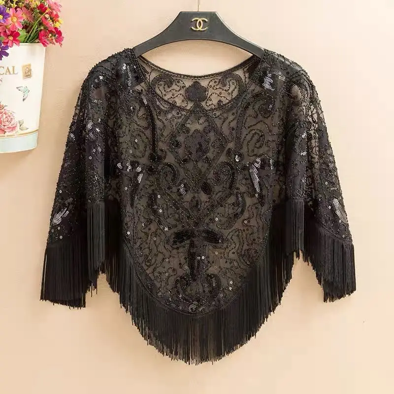 Cape Batman Top New Blouse Women\'s Summer Mesh Sunscreen Clothing Lace Large Size Loose Fringed Pullover Shawl